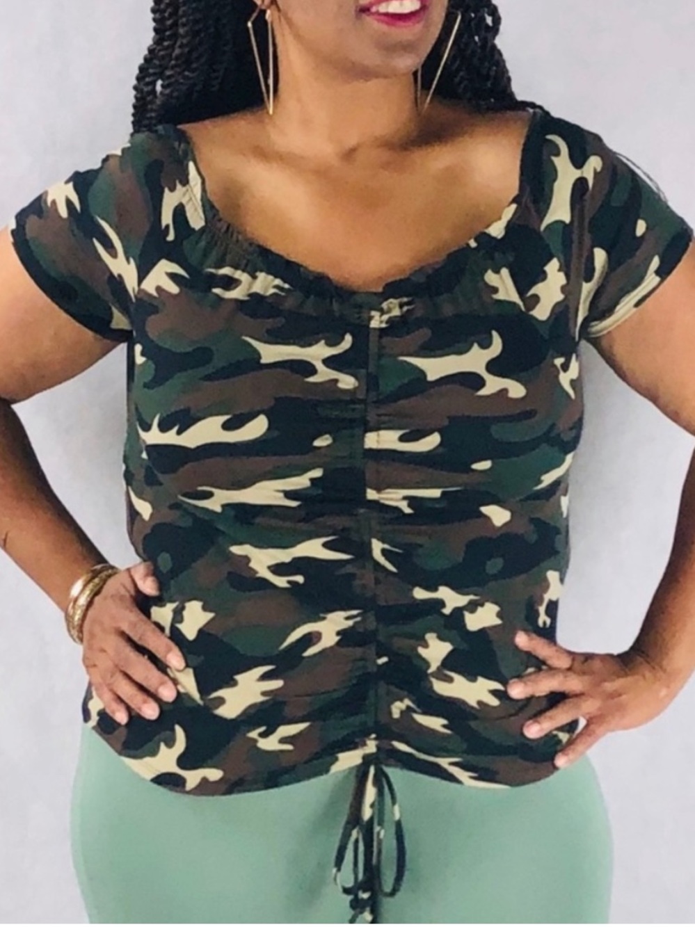 NWT Camo Ruched Short Sleeve Top - Olive Green